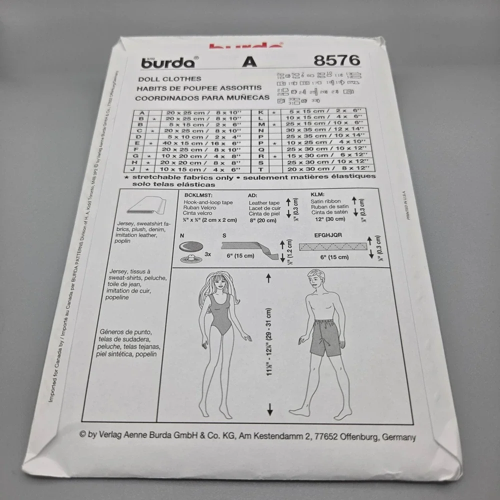 Burda 8576 Doll Clothes Sewing Pattern 11.5-12 Inch Fashion Dolls Barbie Ken